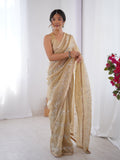 Jyoti Fashion Women's Beige Soft Gold Crush Embroidered Designer Saree with Blouse
