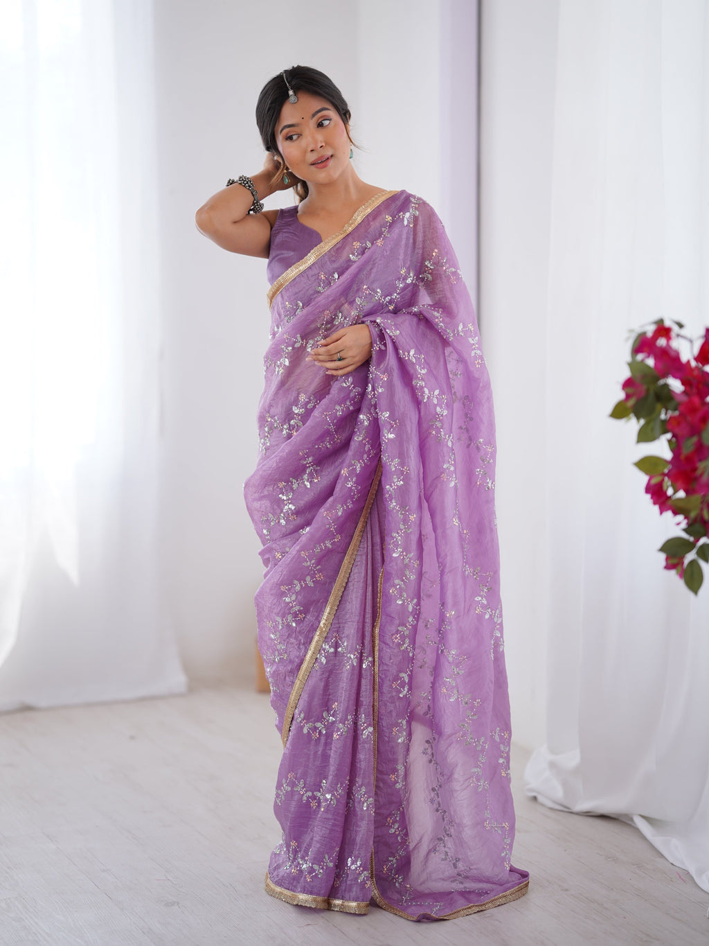 Jyoti Fashion Women's Purple Soft Gold Crush Embroidered Designer Saree with Blouse