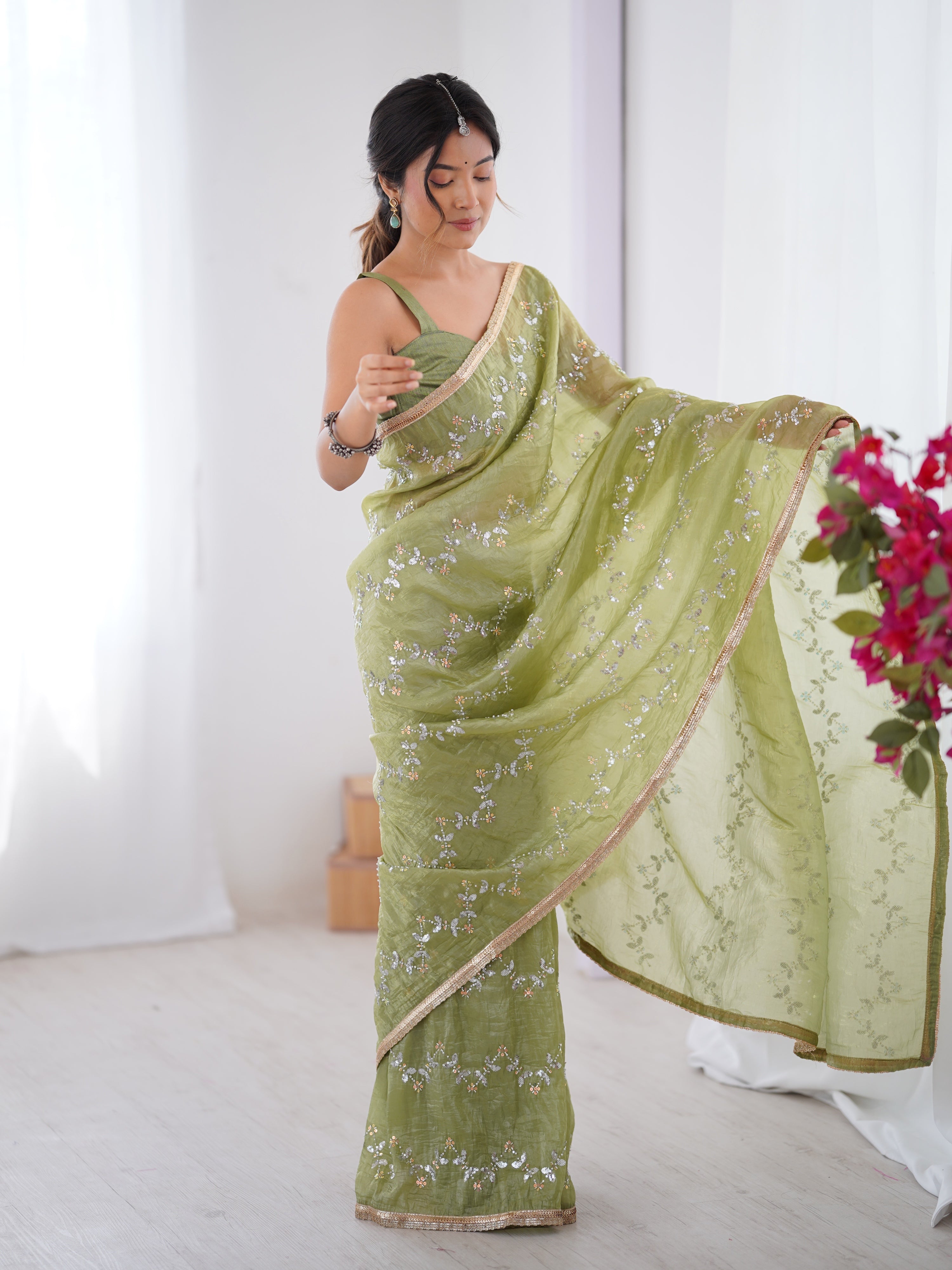 Jyoti Fashion Women's Sea Green Soft Gold Crush Embroidered Designer Saree with Blouse