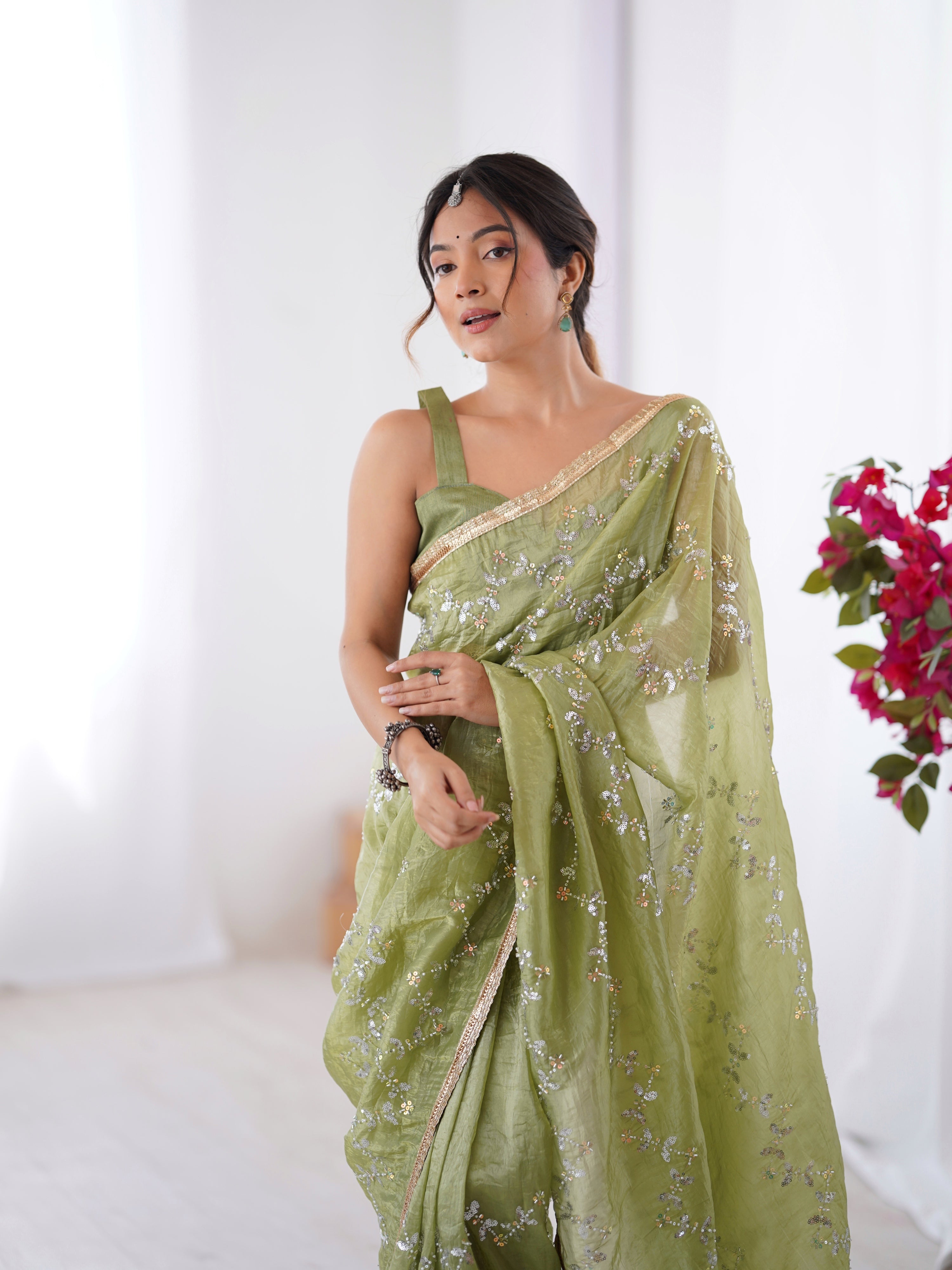 Jyoti Fashion Women's Sea Green Soft Gold Crush Embroidered Designer Saree with Blouse
