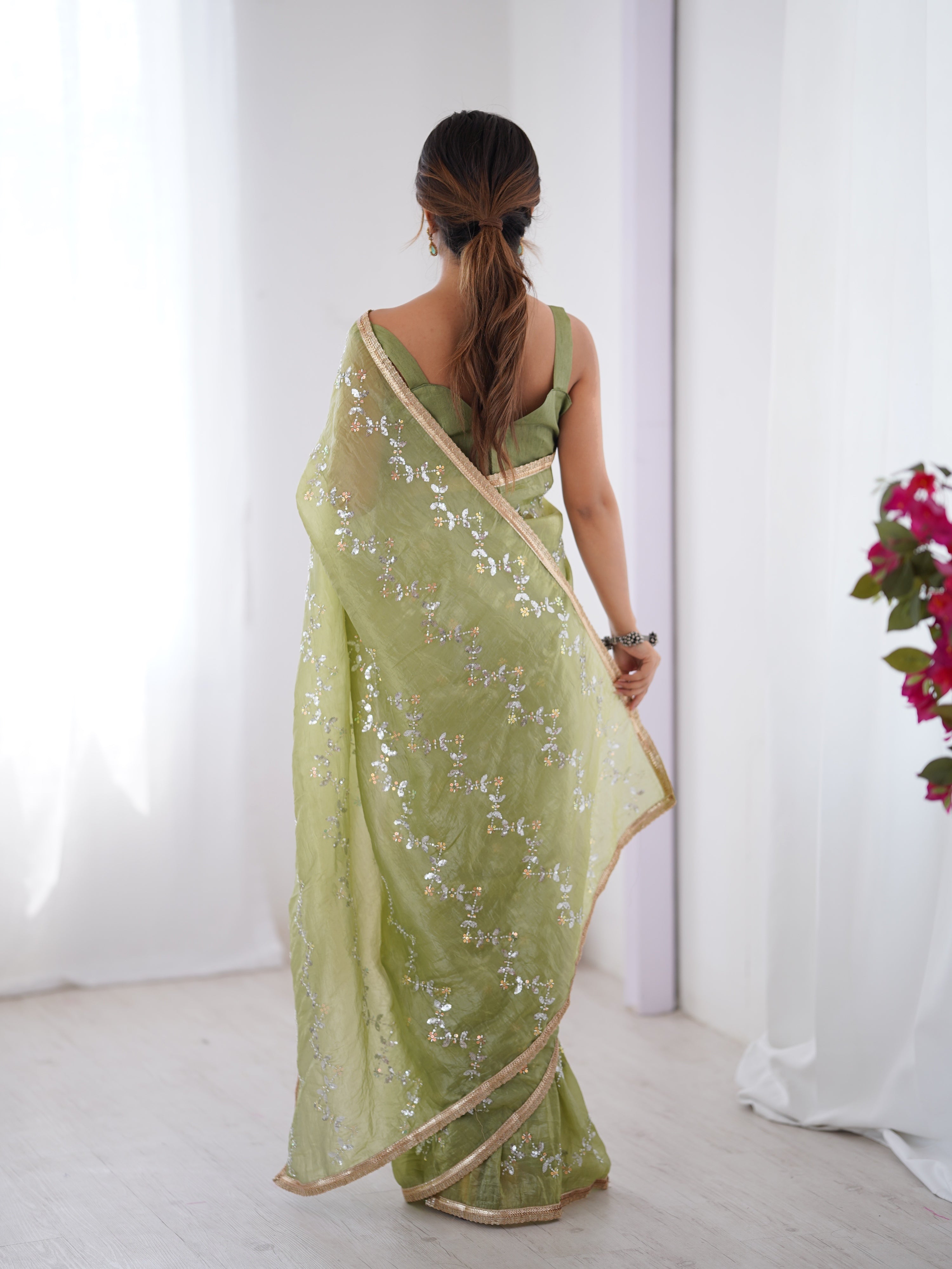 Jyoti Fashion Women's Sea Green Soft Gold Crush Embroidered Designer Saree with Blouse
