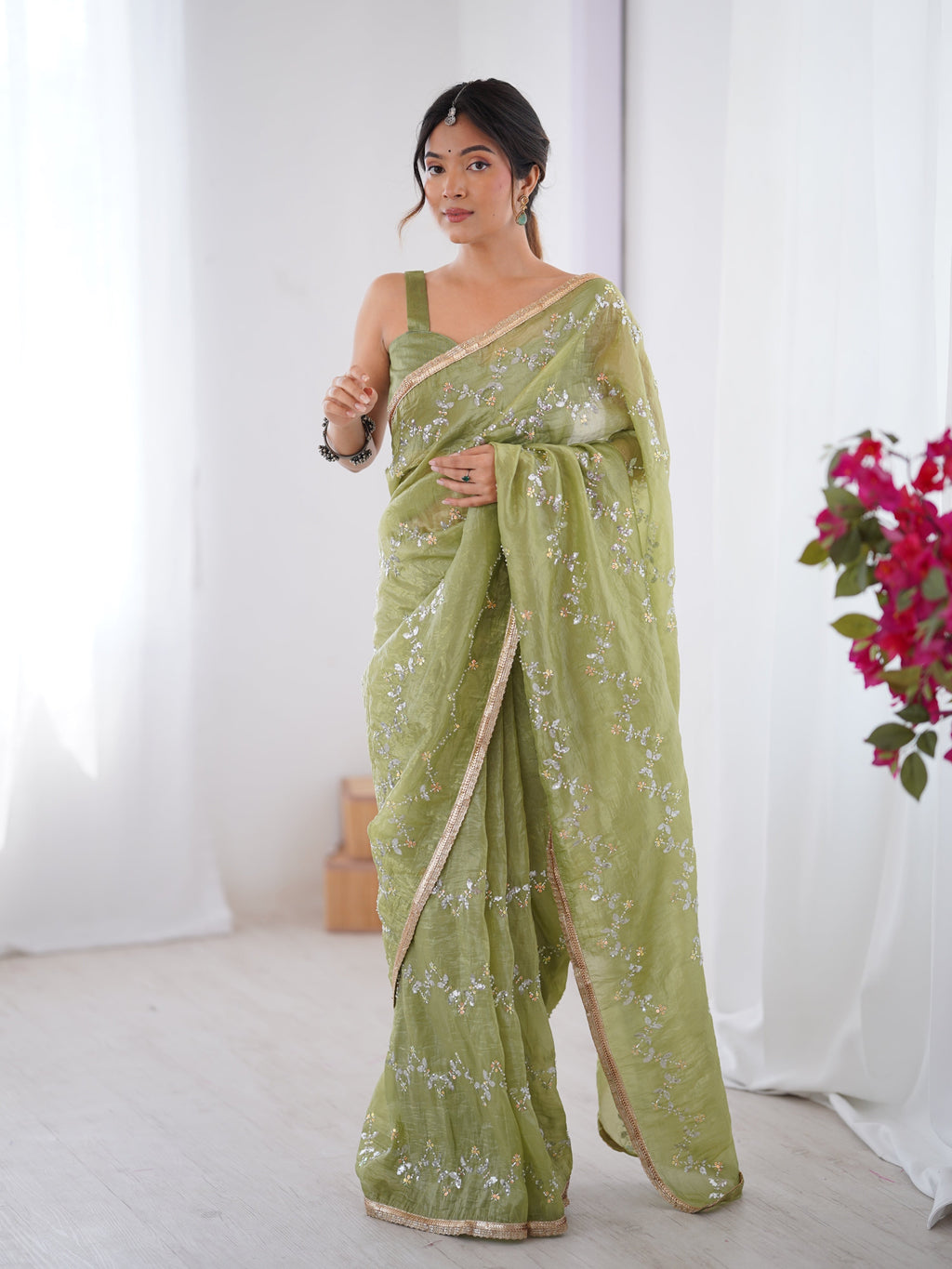 Jyoti Fashion Women's Sea Green Soft Gold Crush Embroidered Designer Saree with Blouse