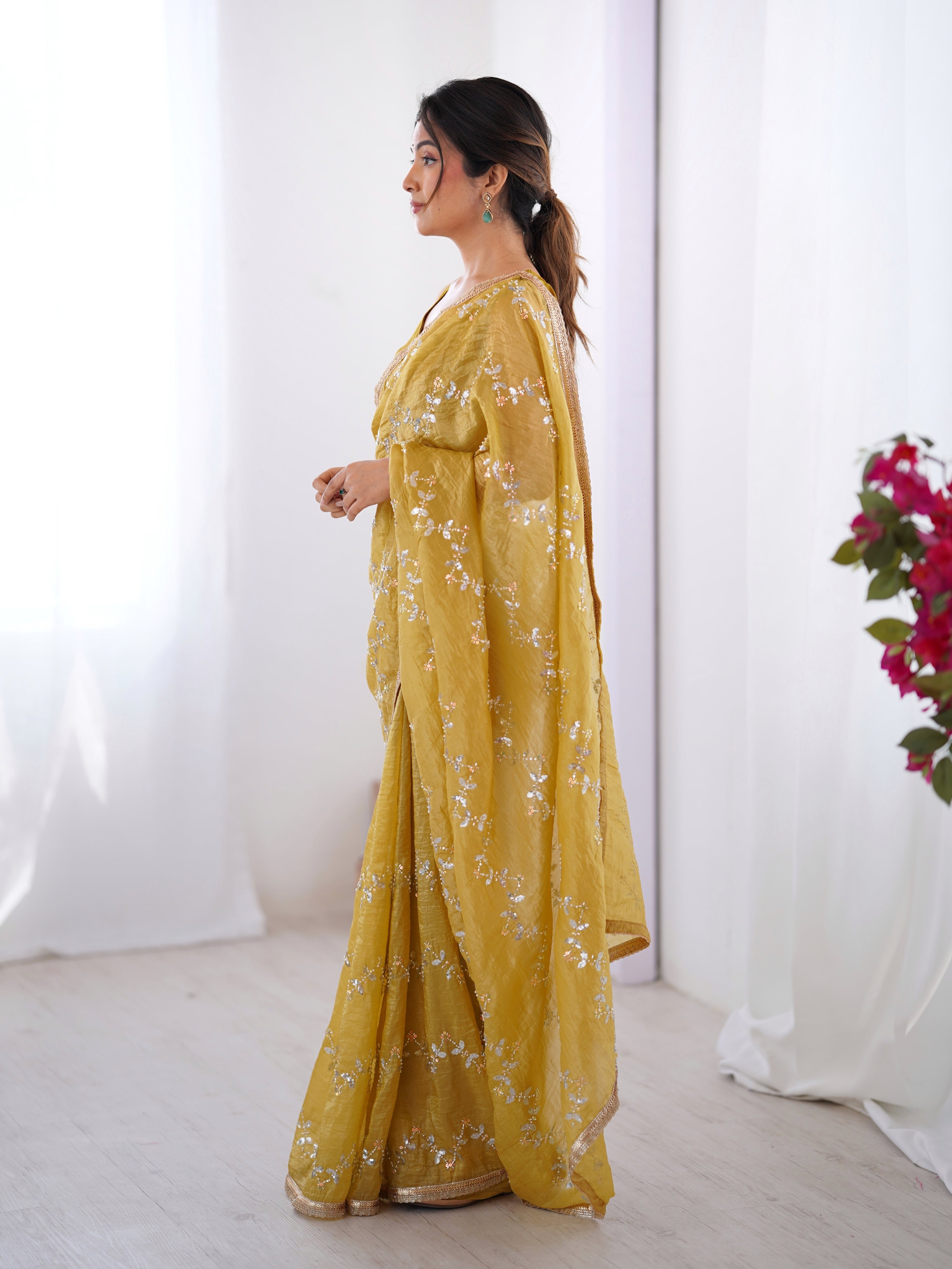 Jyoti Fashion Women's Mustard Soft Gold Crush Embroidered Designer Saree with Blouse