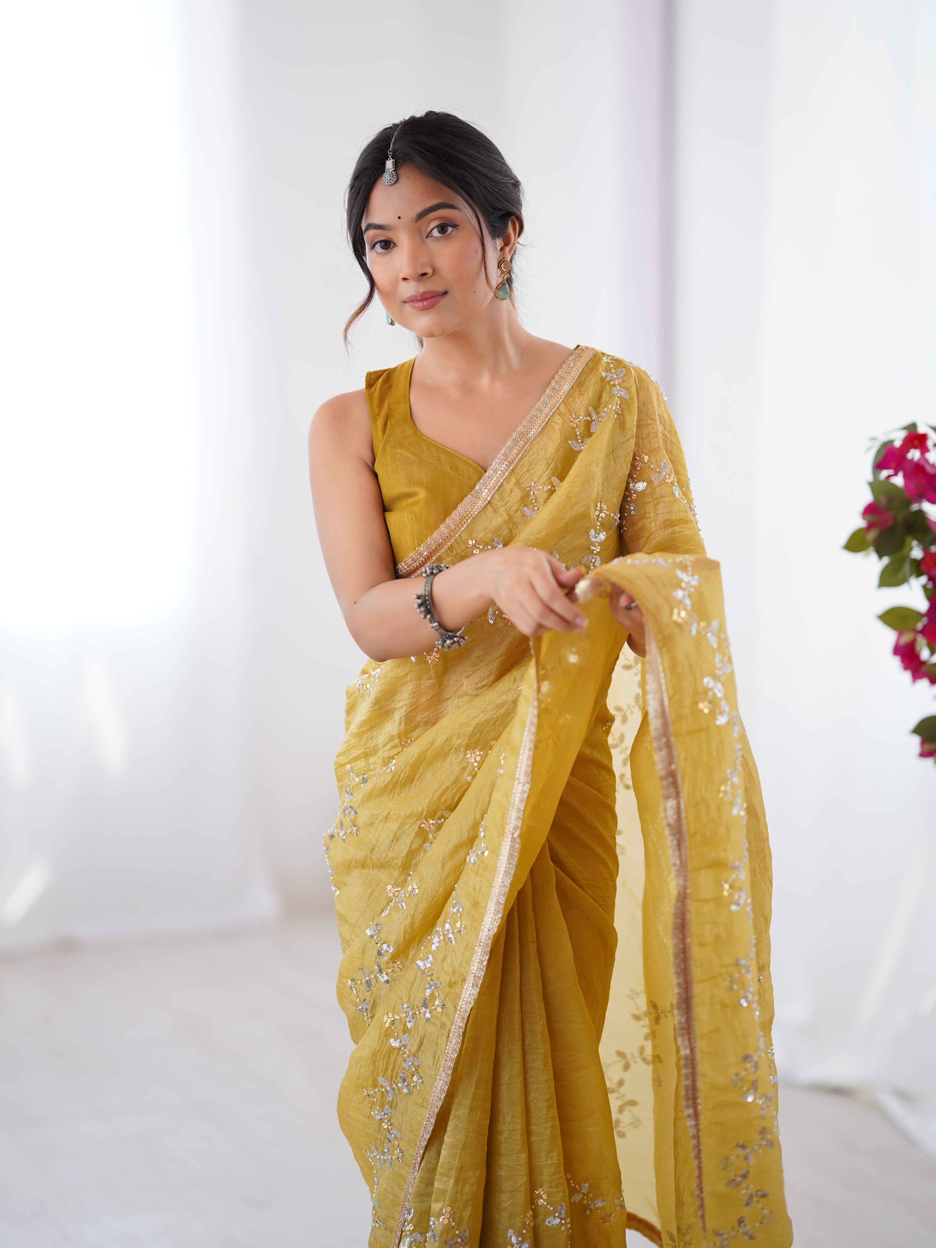 Jyoti Fashion Women's Mustard Soft Gold Crush Embroidered Designer Saree with Blouse