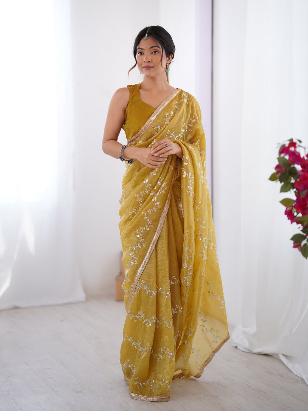 Jyoti Fashion Women's Mustard Soft Gold Crush Embroidered Designer Saree with Blouse