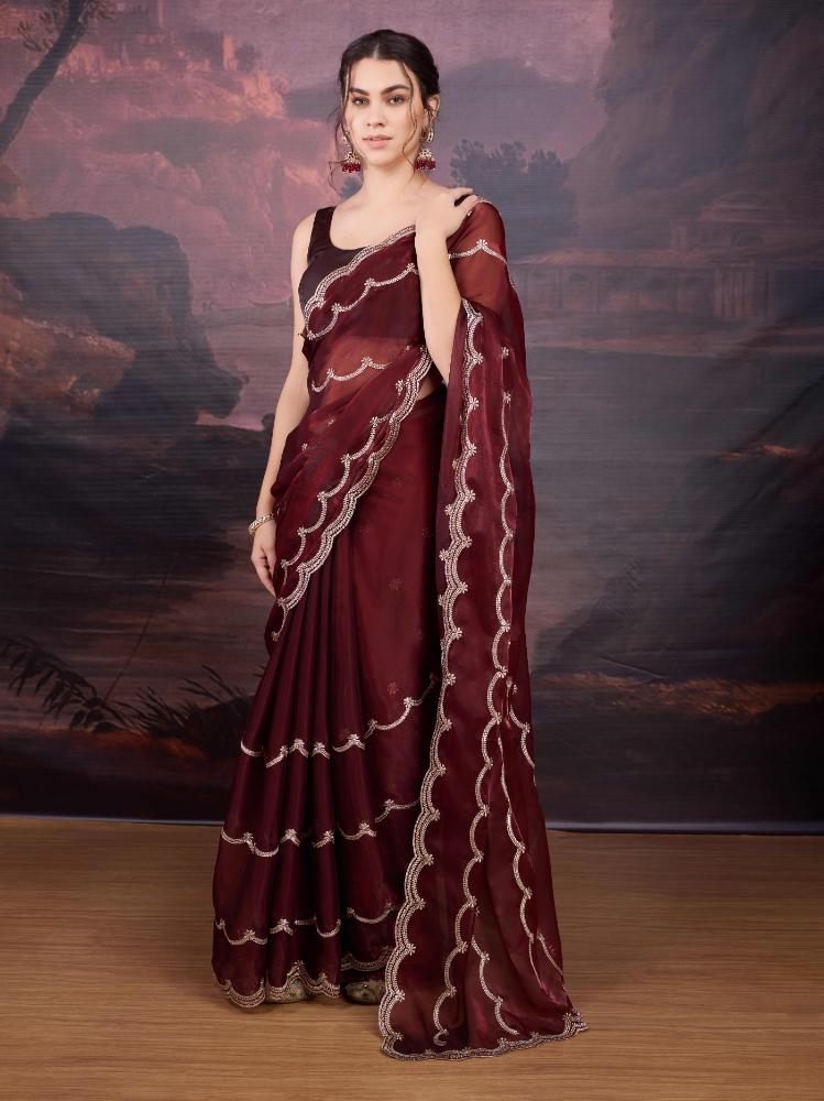 Jyoti Fashion Women's Brown Jimmy Choo Embroidered Designer Saree with Blouse
