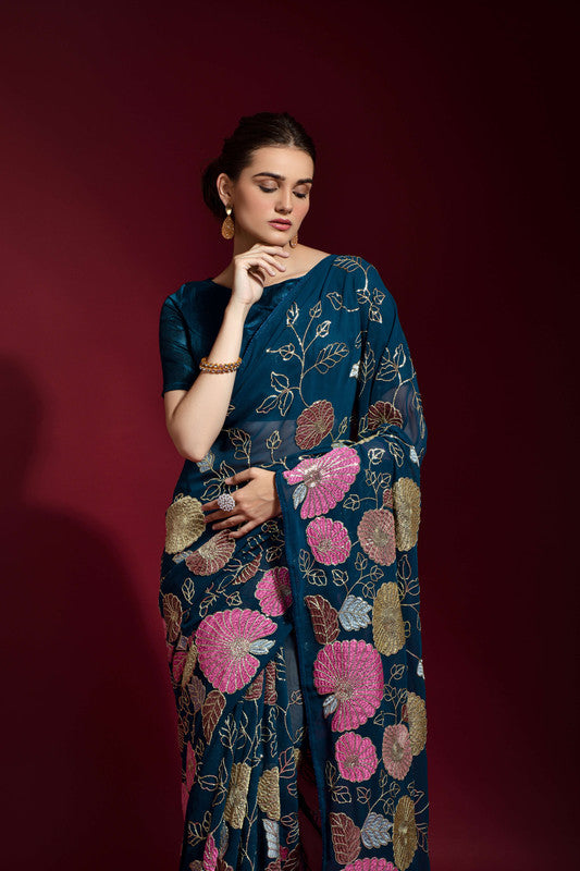 Jyoti Fashion Women's Morpich Sequence Embroidery Georgette Saree with Blouse