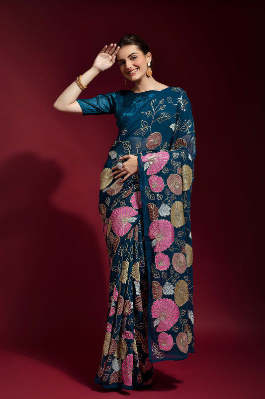 Jyoti Fashion Women's Morpich Sequence Embroidery Georgette Saree with Blouse