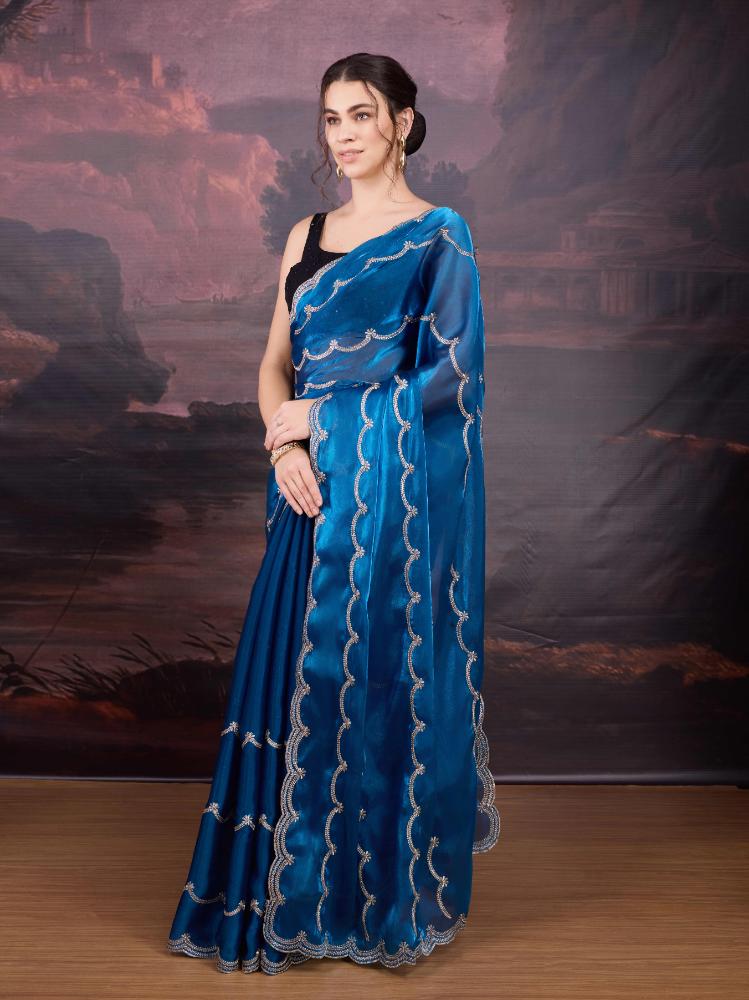 Jyoti Fashion Women's Blue Jimmy Choo Embroidered Designer Saree with Blouse