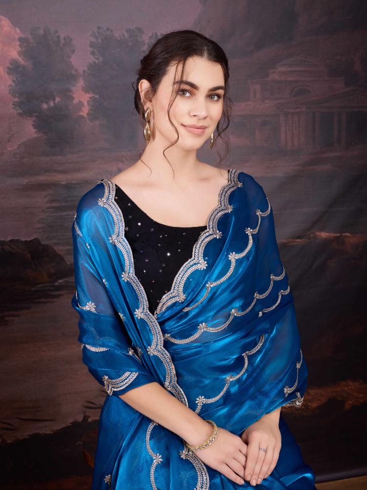 Jyoti Fashion Women's Blue Jimmy Choo Embroidered Designer Saree with Blouse