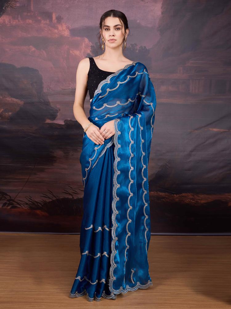Jyoti Fashion Women's Blue Jimmy Choo Embroidered Designer Saree with Blouse