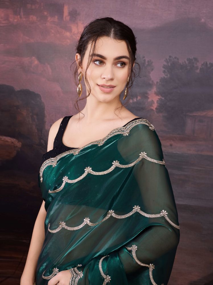 Jyoti Fashion Women's Bottle Green Jimmy Choo Embroidered Designer Saree with Blouse