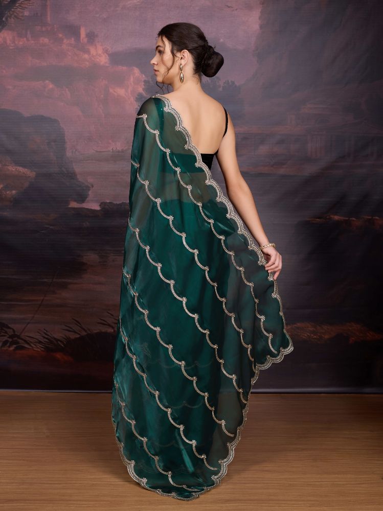Jyoti Fashion Women's Bottle Green Jimmy Choo Embroidered Designer Saree with Blouse