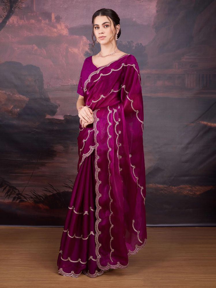 Jyoti Fashion Women's Wine Jimmy Choo Embroidered Designer Saree with Blouse