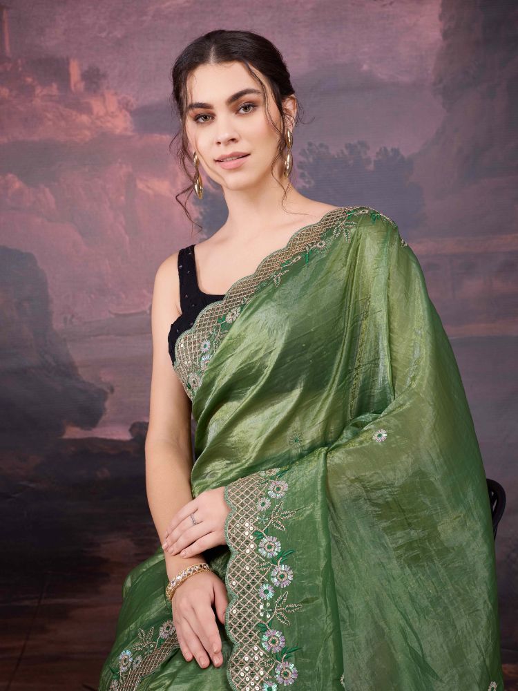 Jyoti Fashion Women's Mehendi Art Silk Sequins Embroidered Designer Saree with Blouse