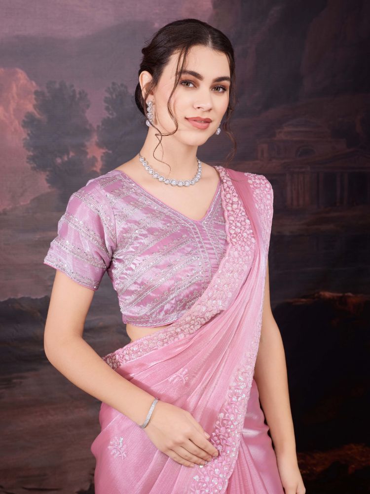Jyoti Fashion Women's Baby Pink Jimmy Choo Sequins Embroidered Designer Saree with Blouse