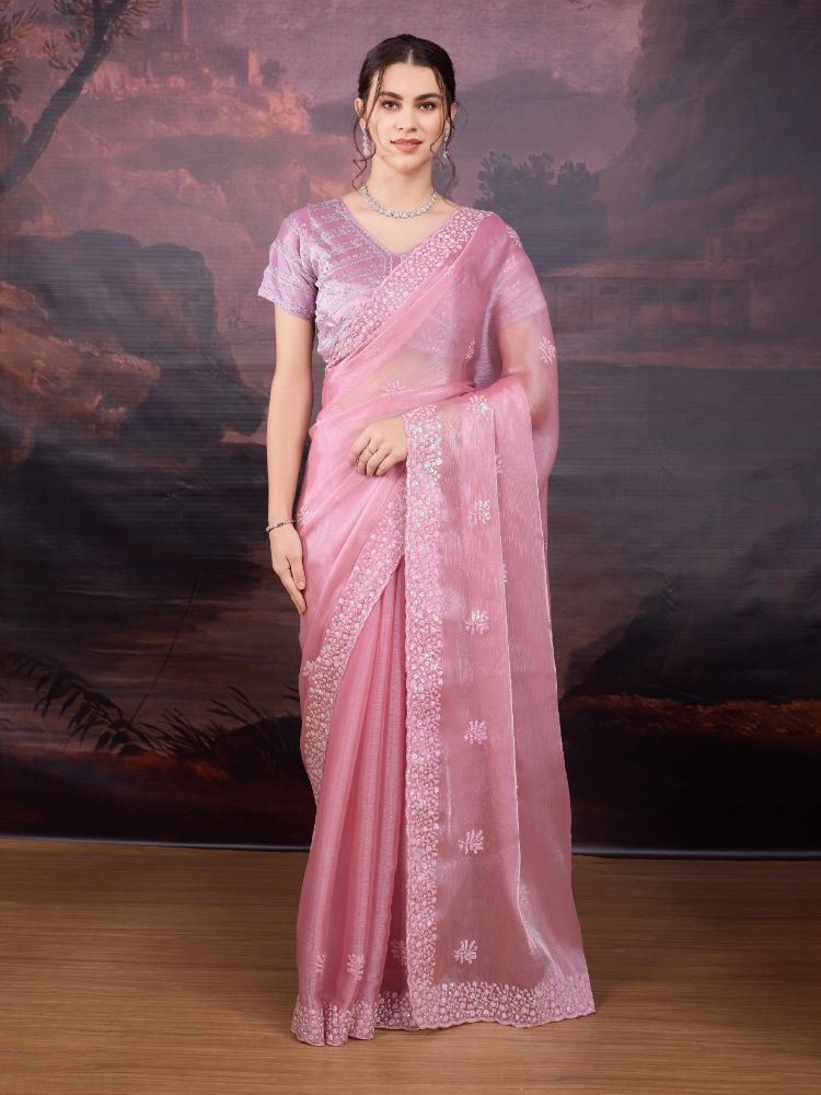 Jyoti Fashion Women's Baby Pink Jimmy Choo Sequins Embroidered Designer Saree with Blouse