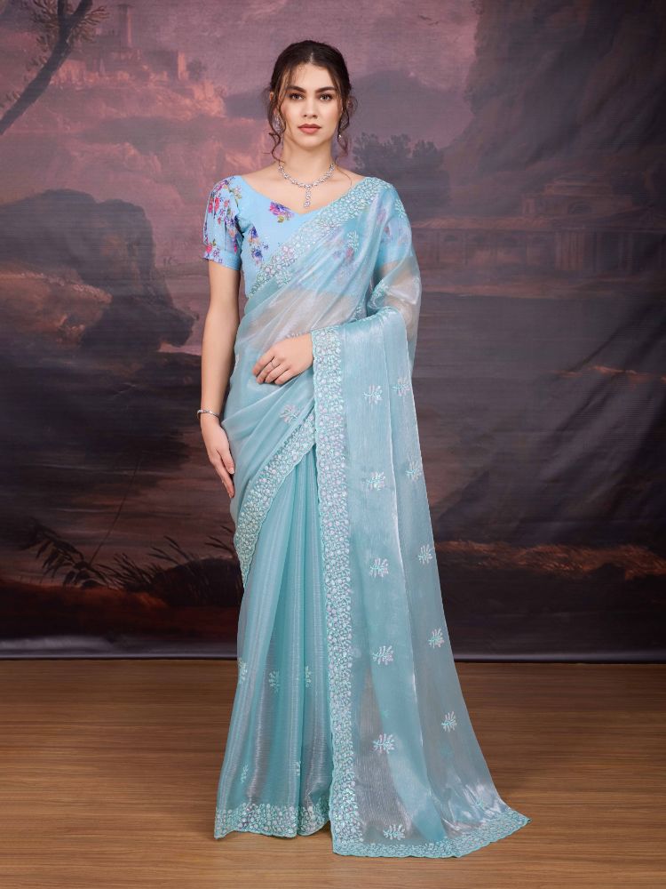 Jyoti Fashion Women's Sky Blue Jimmy Choo Sequins Embroidered Designer Saree with Blouse