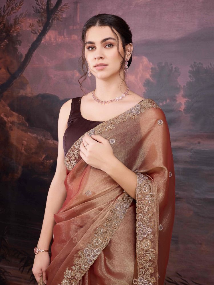 Jyoti Fashion Women's Brown Jimmy Choo Embroidered Siroski Designer Saree with Blouse