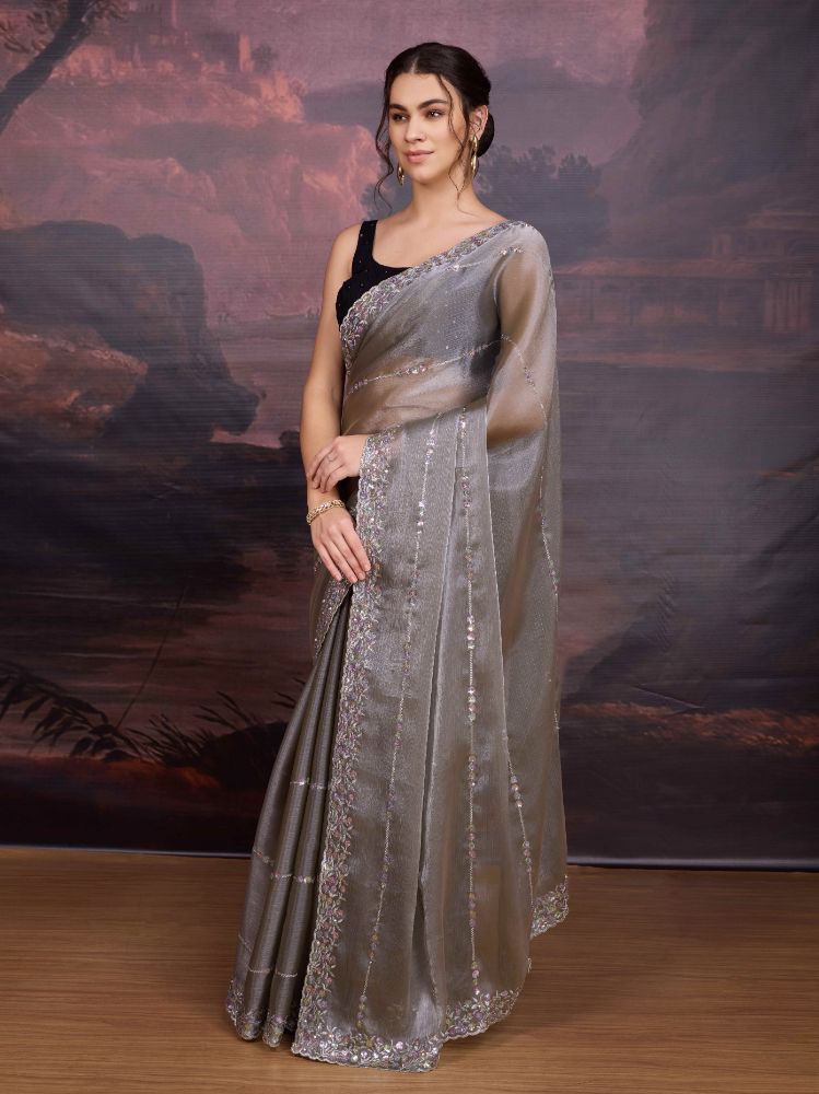 Jyoti Fashion Women's Grey Jimmy Choo Sequins Embroidered Designer Saree with Blouse