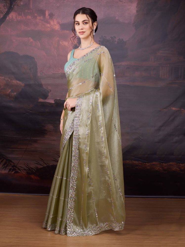 Jyoti Fashion Women's Sea Green Jimmy Choo Sequins Embroidered Designer Saree with Blouse
