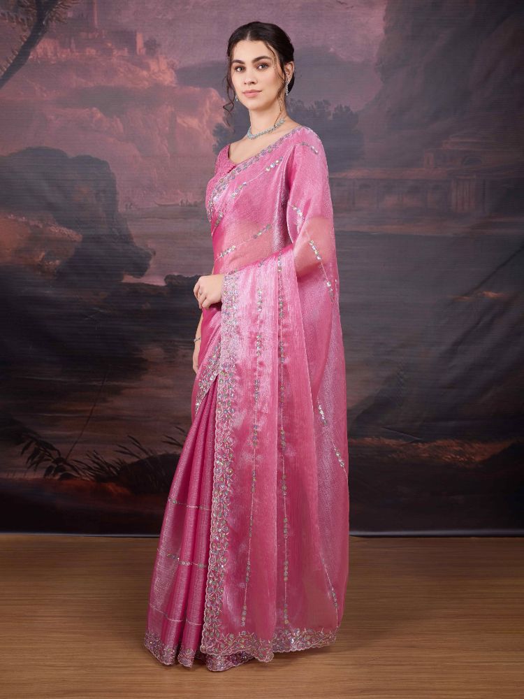 Jyoti Fashion Women's Pink Jimmy Choo Sequins Embroidered Designer Saree with Blouse