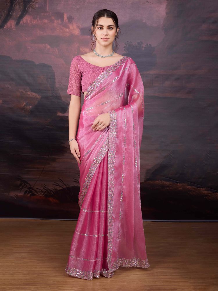 Jyoti Fashion Women's Pink Jimmy Choo Sequins Embroidered Designer Saree with Blouse