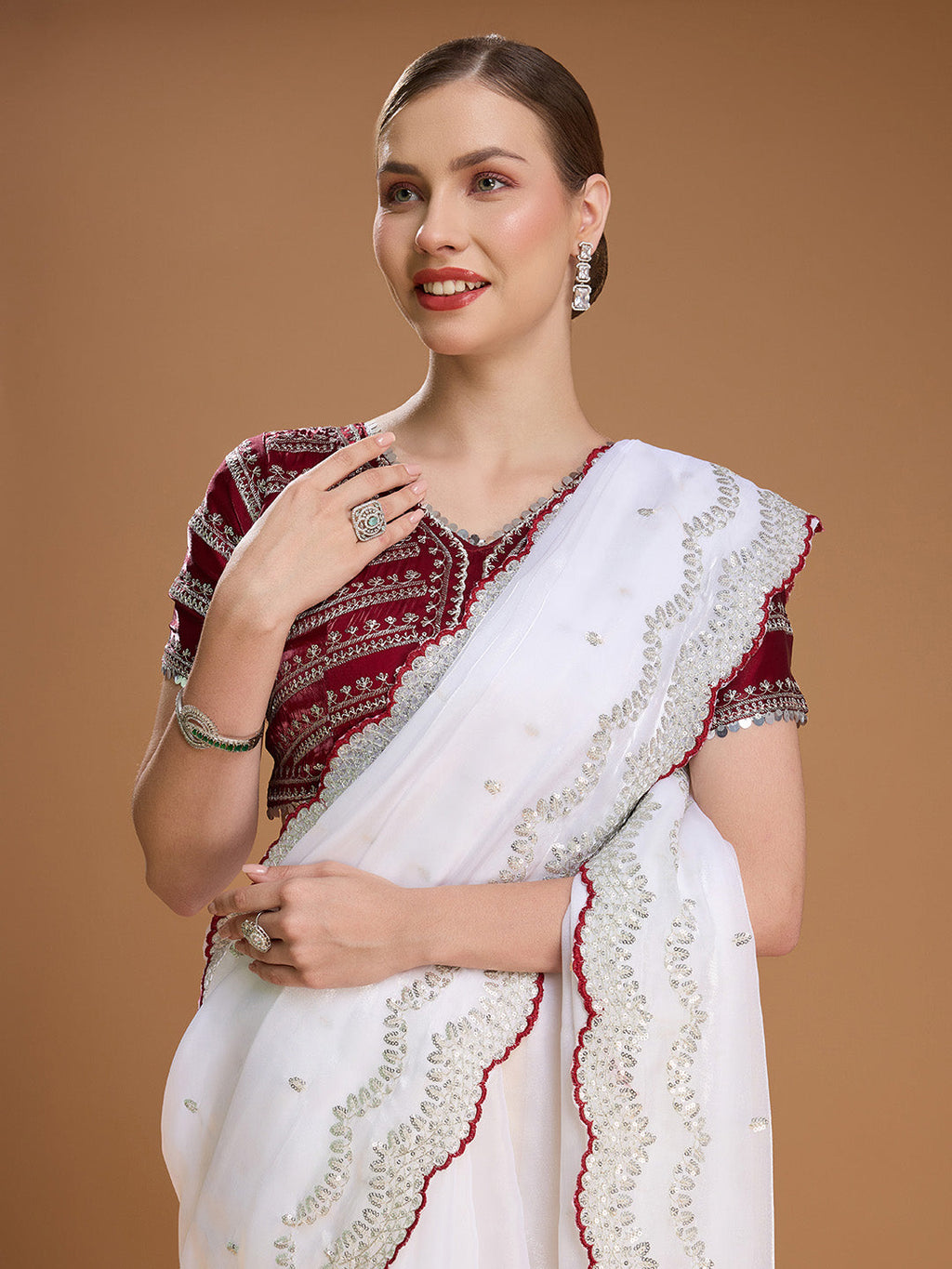 Jyoti Fashion Women's White Jimmy Choo Sequins Embroidered Designer Saree with Blouse
