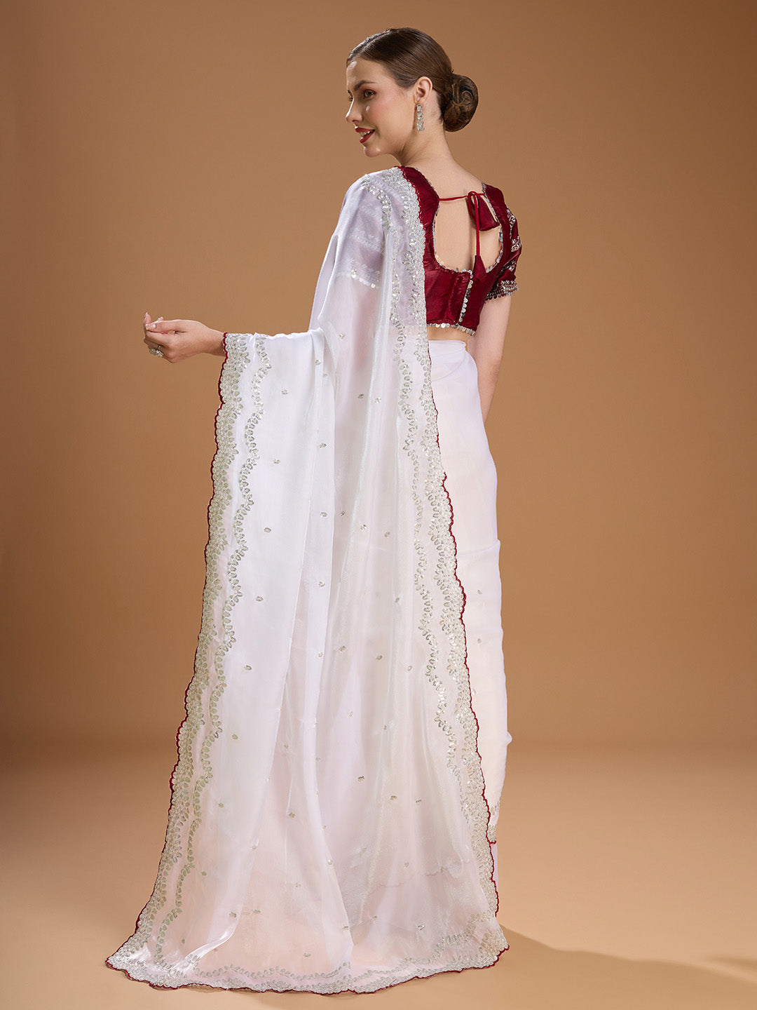 Jyoti Fashion Women's White Jimmy Choo Sequins Embroidered Designer Saree with Blouse