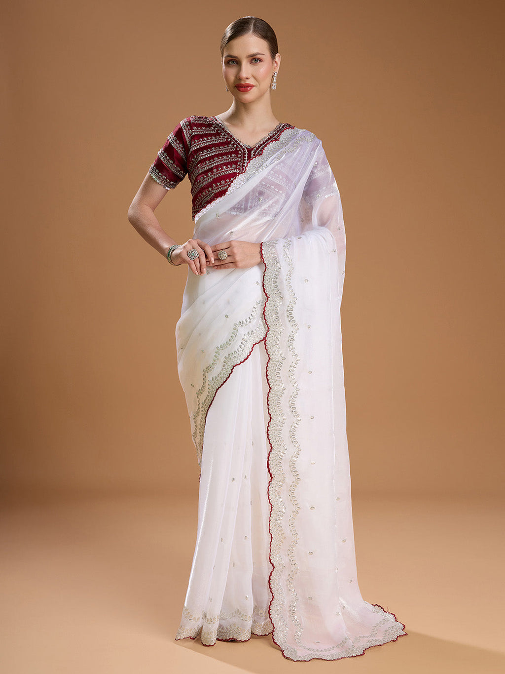Jyoti Fashion Women's White Jimmy Choo Sequins Embroidered Designer Saree with Blouse