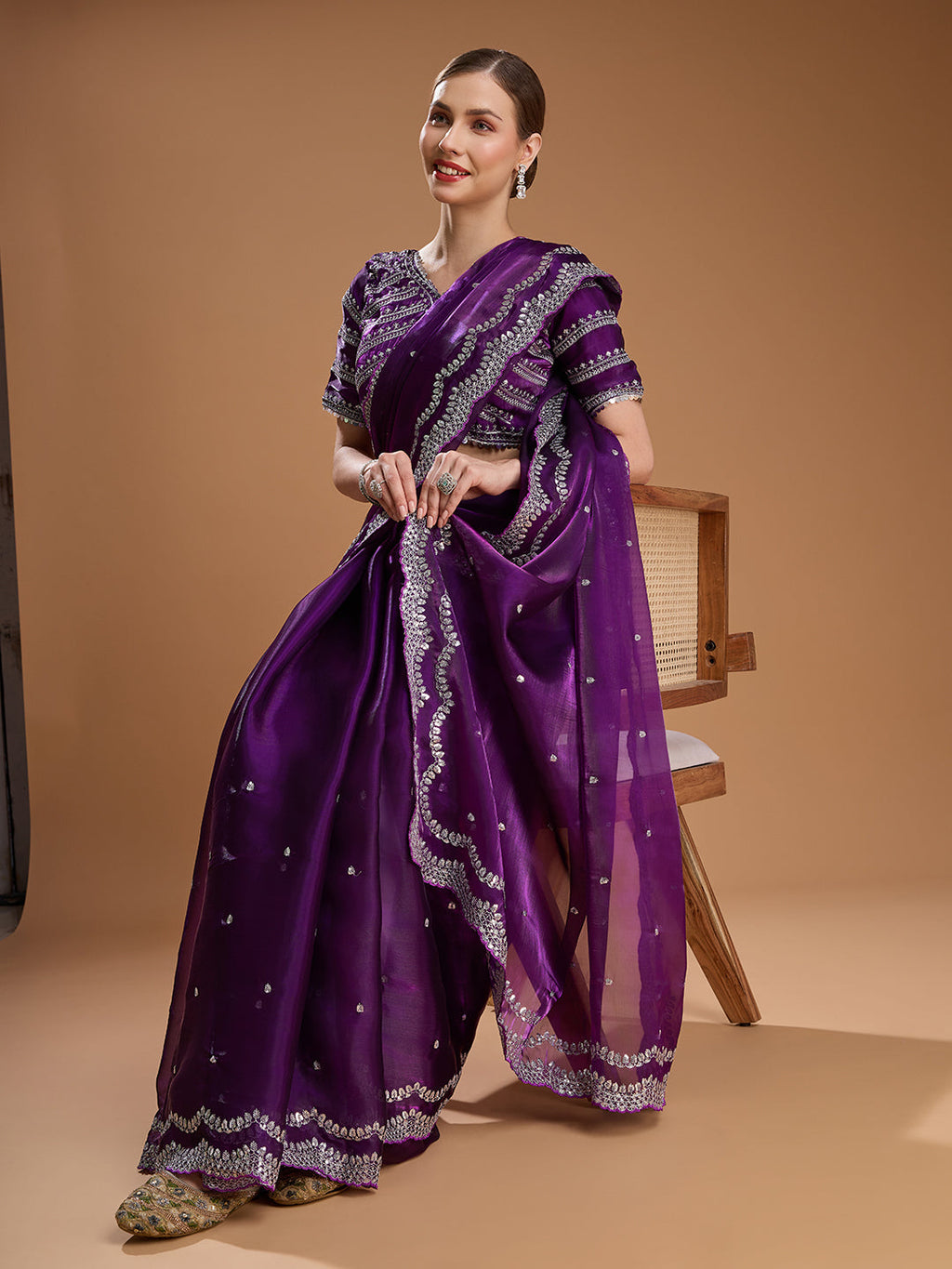 Jyoti Fashion Women's Purple Jimmy Choo Sequins Embroidered Designer Saree with Blouse
