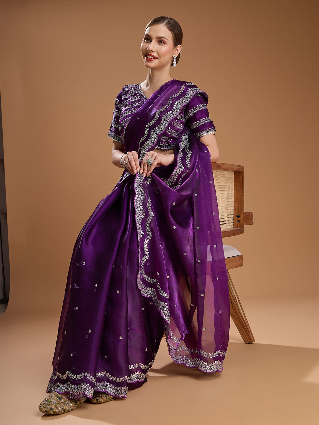 Jyoti Fashion Women's Purple Jimmy Choo Sequins Embroidered Designer Saree with Blouse