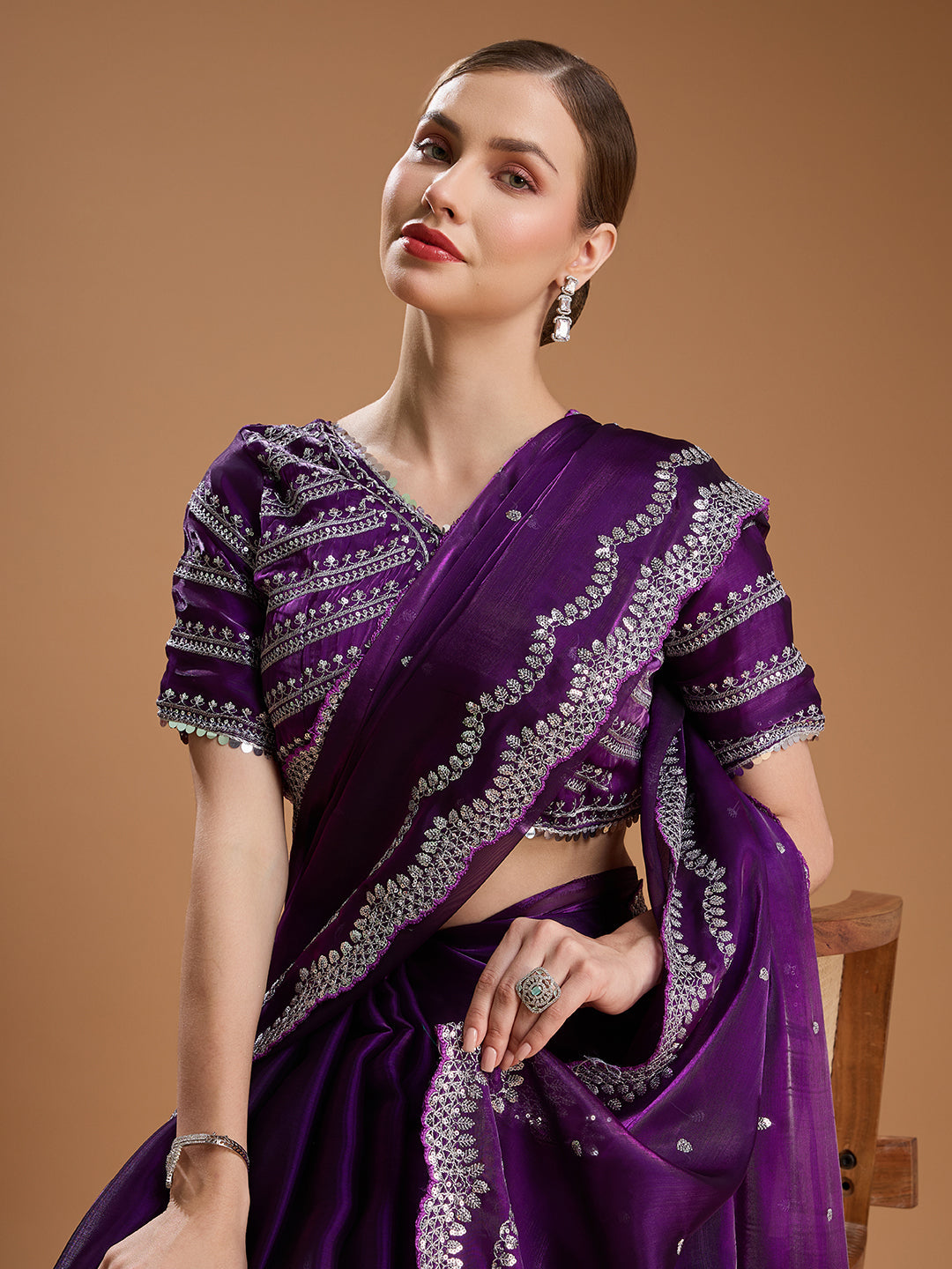Jyoti Fashion Women's Purple Jimmy Choo Sequins Embroidered Designer Saree with Blouse