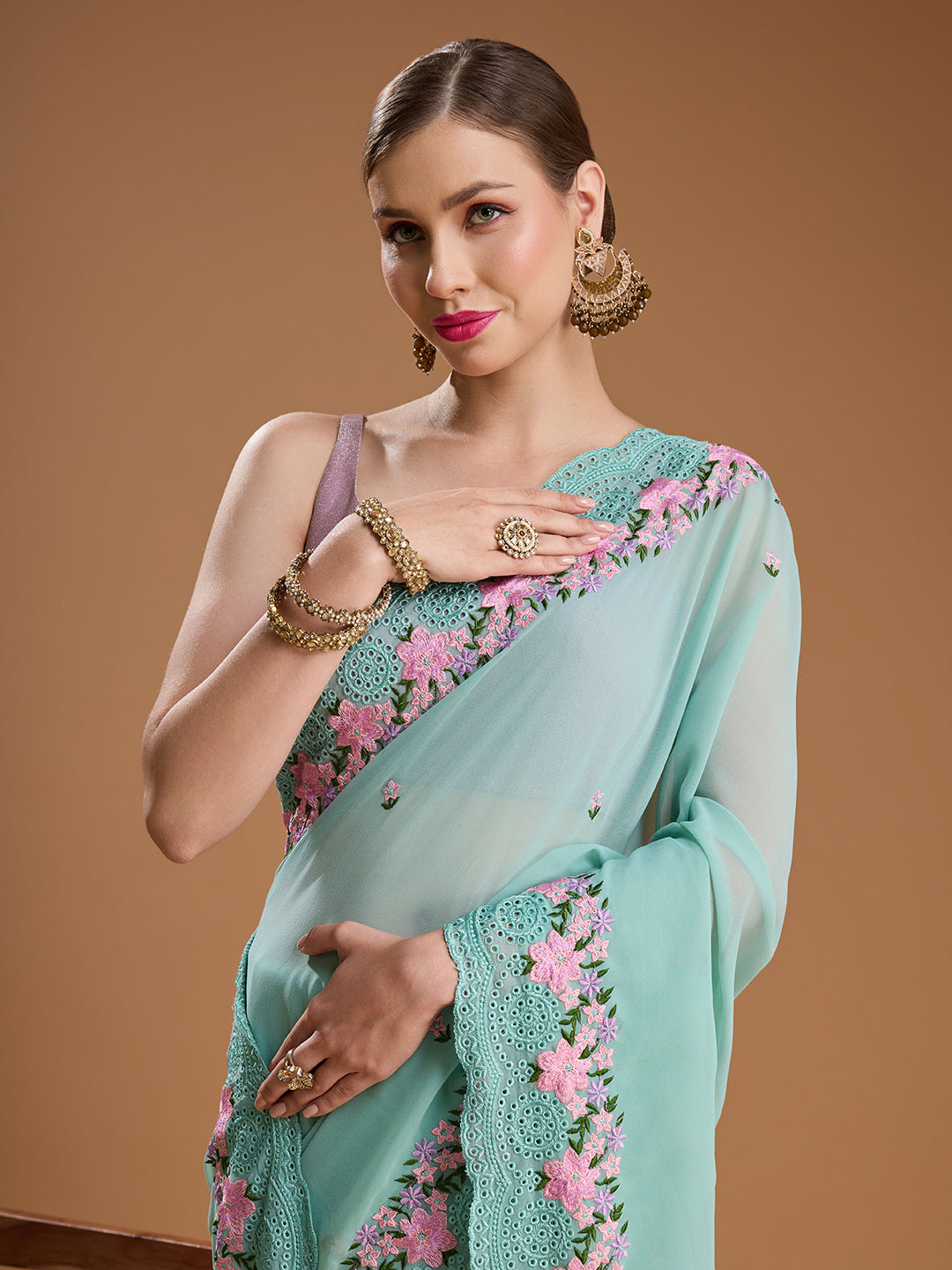 Jyoti Fashion Women's Sky Blue Chiffon Satin Embroidered Designer Saree with Blouse