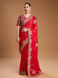 Jyoti Fashion Women's Red Jimmy Choo Embroidered & Coding Designer Saree with Blouse