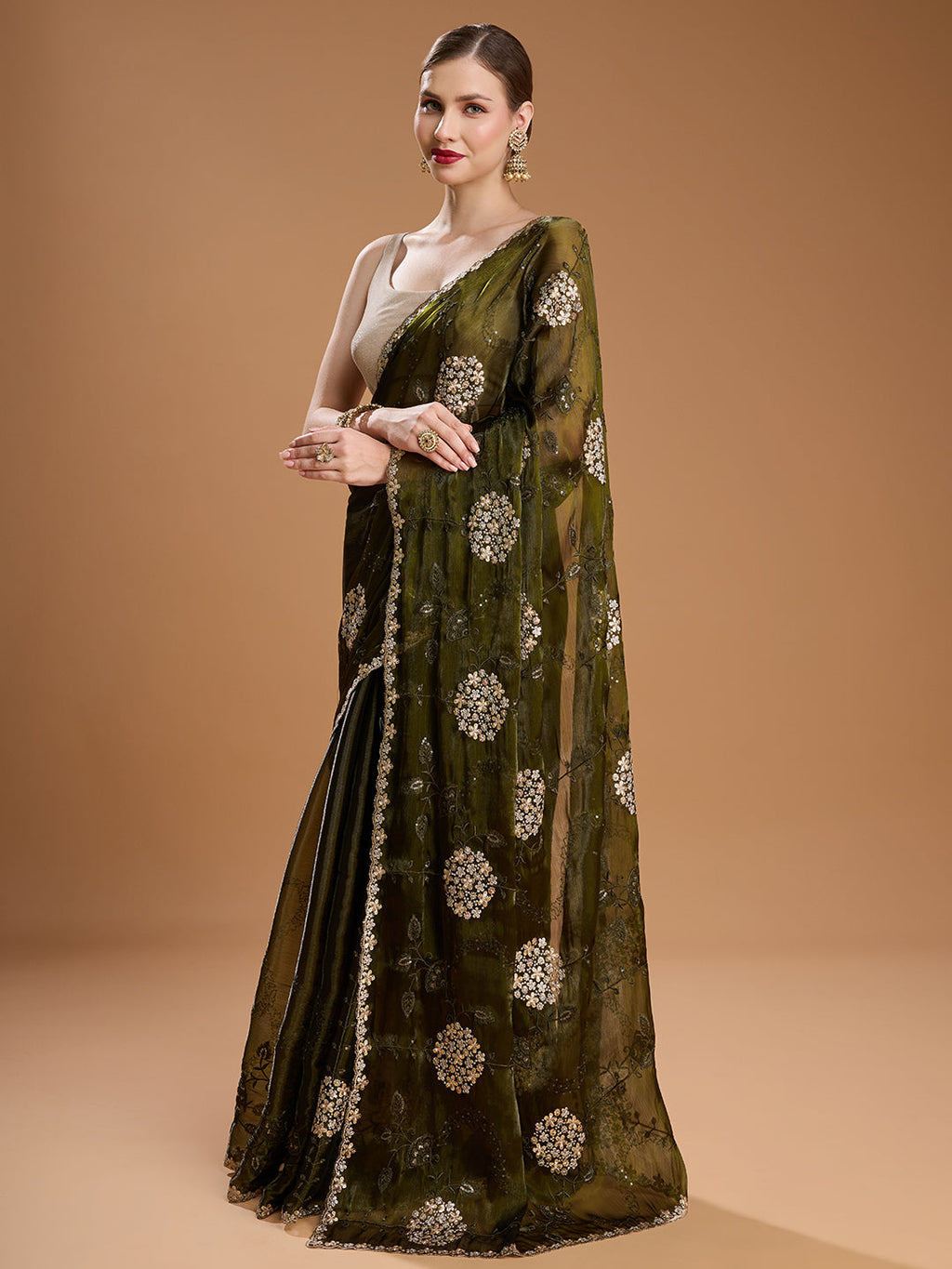 Jyoti Fashion Women's Dark Green Jimmy Choo Sequins Embroidered Designer Saree with Blouse