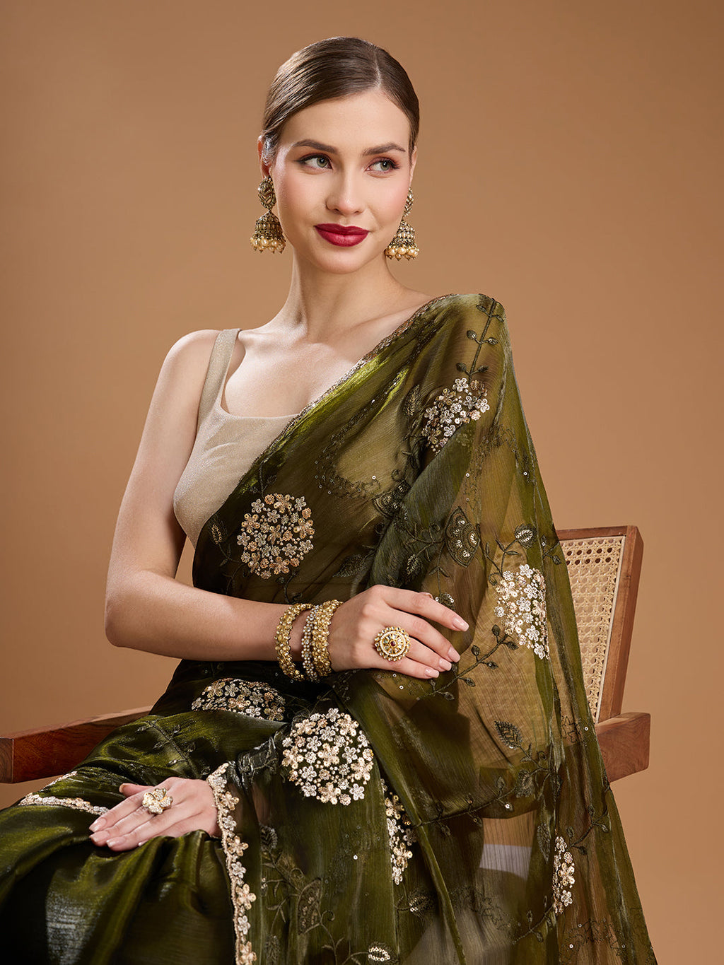 Jyoti Fashion Women's Dark Green Jimmy Choo Sequins Embroidered Designer Saree with Blouse