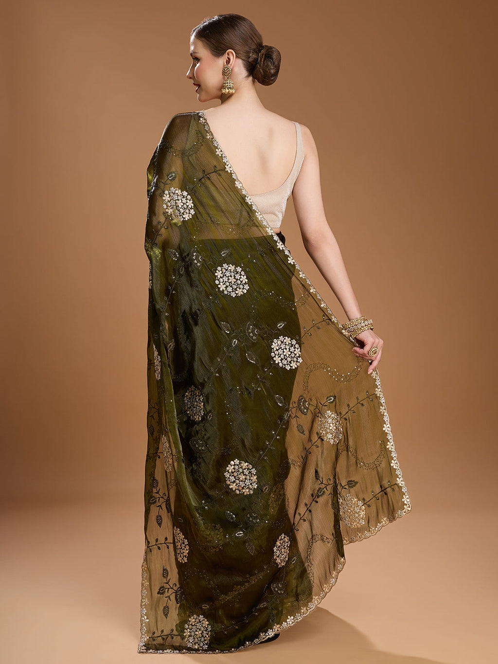 Jyoti Fashion Women's Dark Green Jimmy Choo Sequins Embroidered Designer Saree with Blouse
