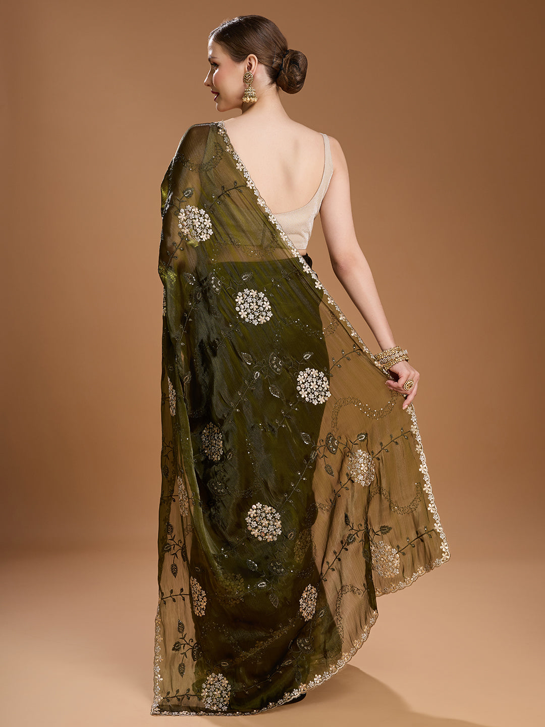 Jyoti Fashion Women's Dark Green Jimmy Choo Sequins Embroidered Designer Saree with Blouse