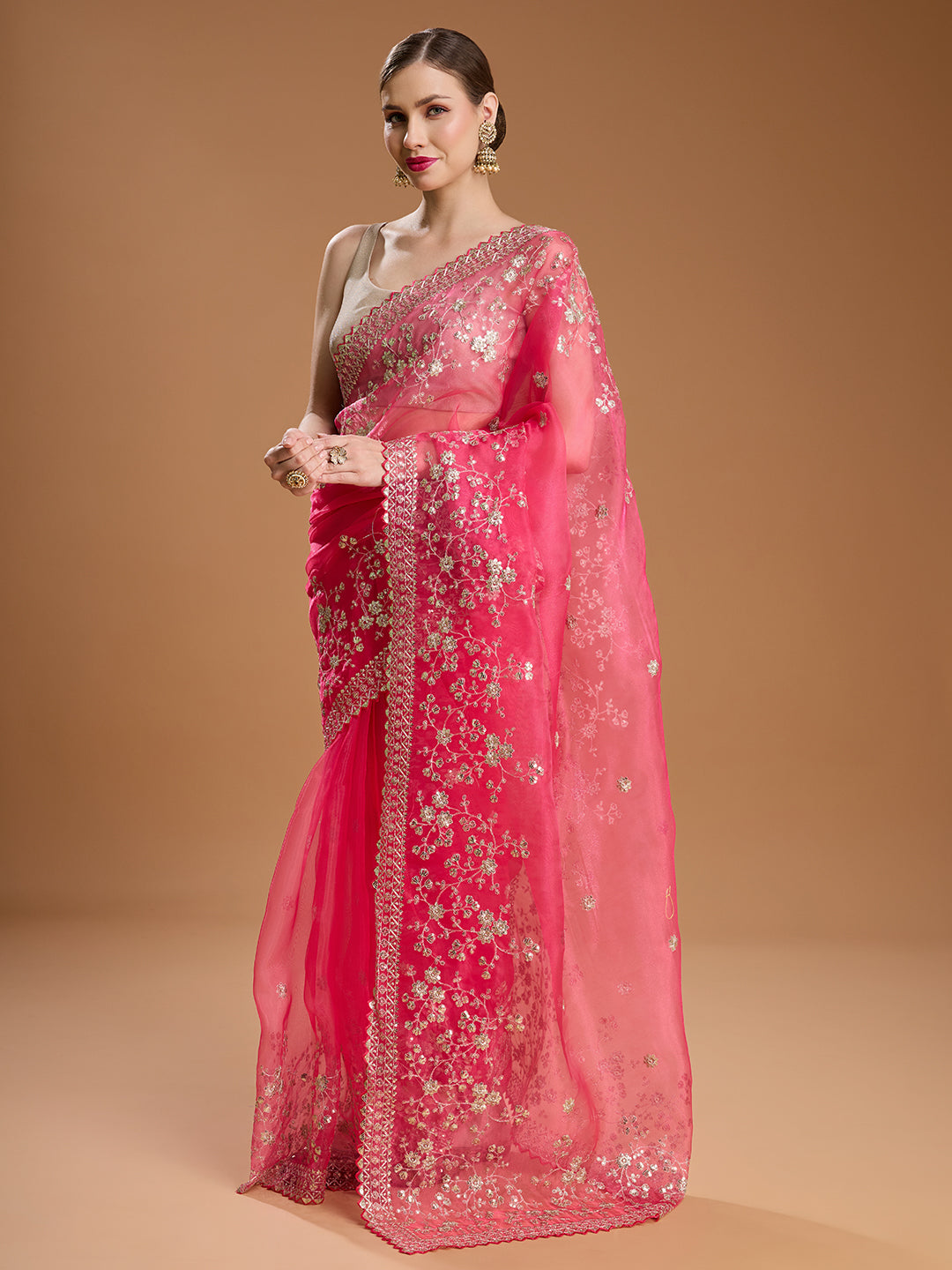 Jyoti Fashion Women's Pink Net Sequins Embroidered Designer Saree with Blouse