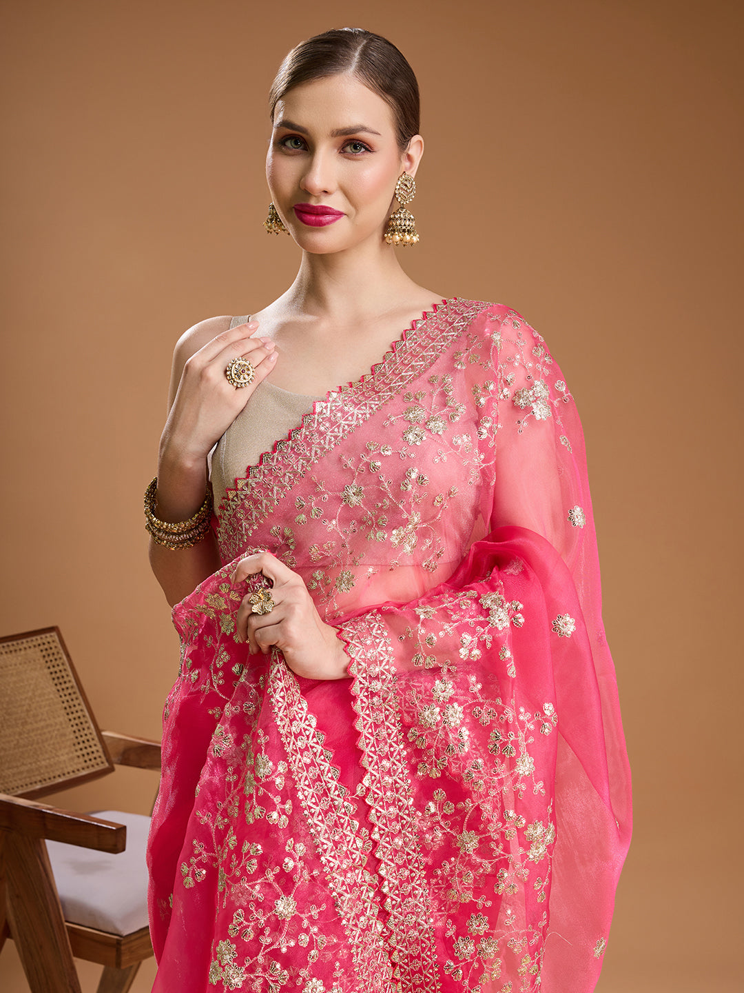 Jyoti Fashion Women's Pink Net Sequins Embroidered Designer Saree with Blouse