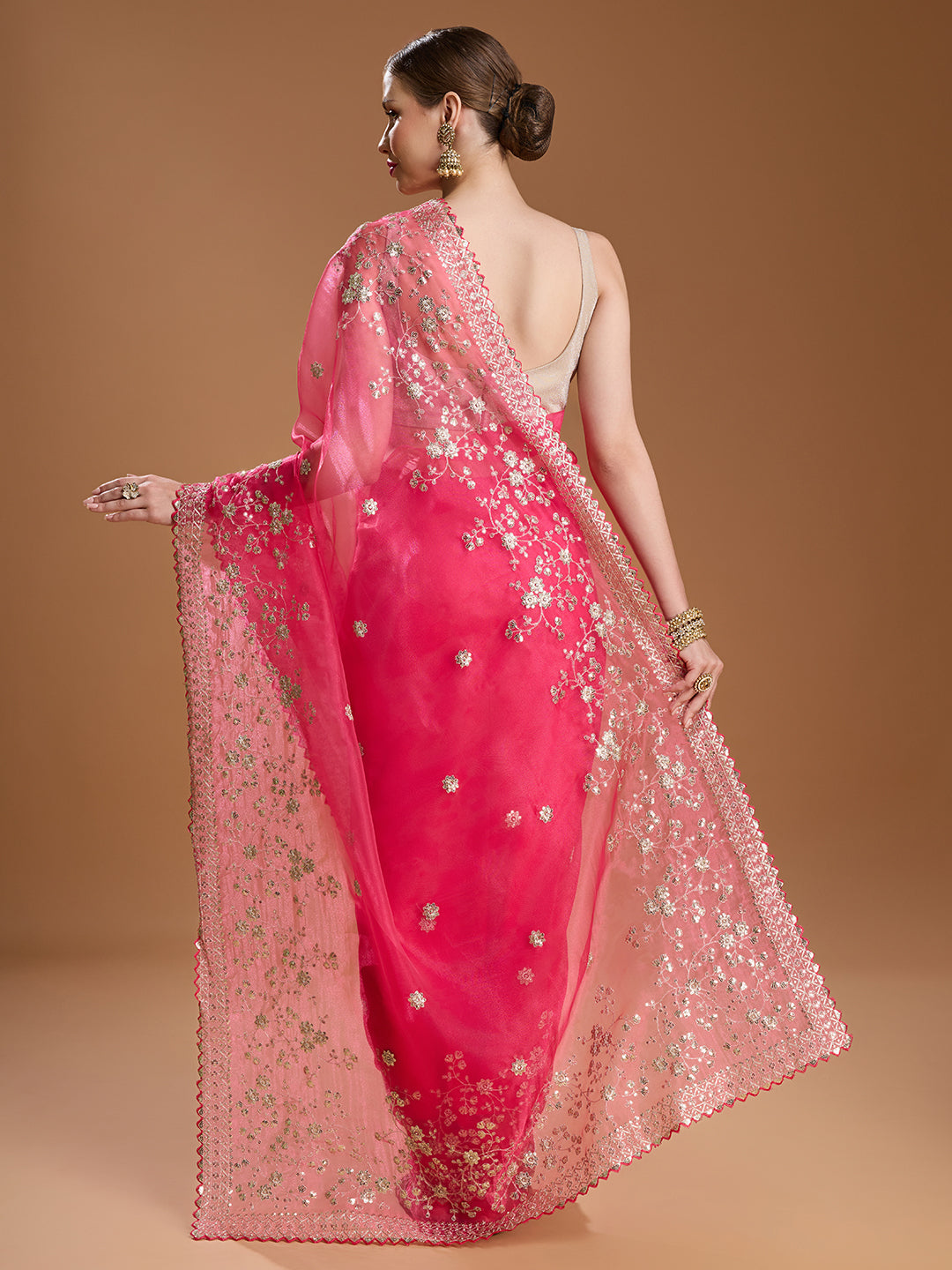 Jyoti Fashion Women's Pink Net Sequins Embroidered Designer Saree with Blouse