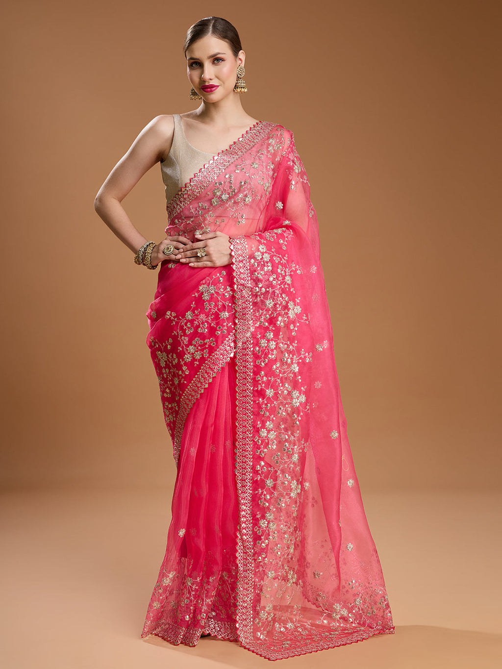 Jyoti Fashion Women's Pink Net Sequins Embroidered Designer Saree with Blouse