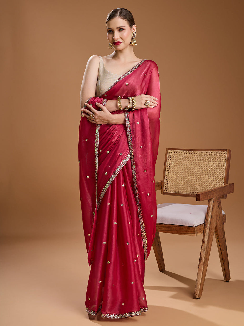 Jyoti Fashion Women's Gajri Red Jimmy Choo Sequins Embroidered Designer Saree with Blouse