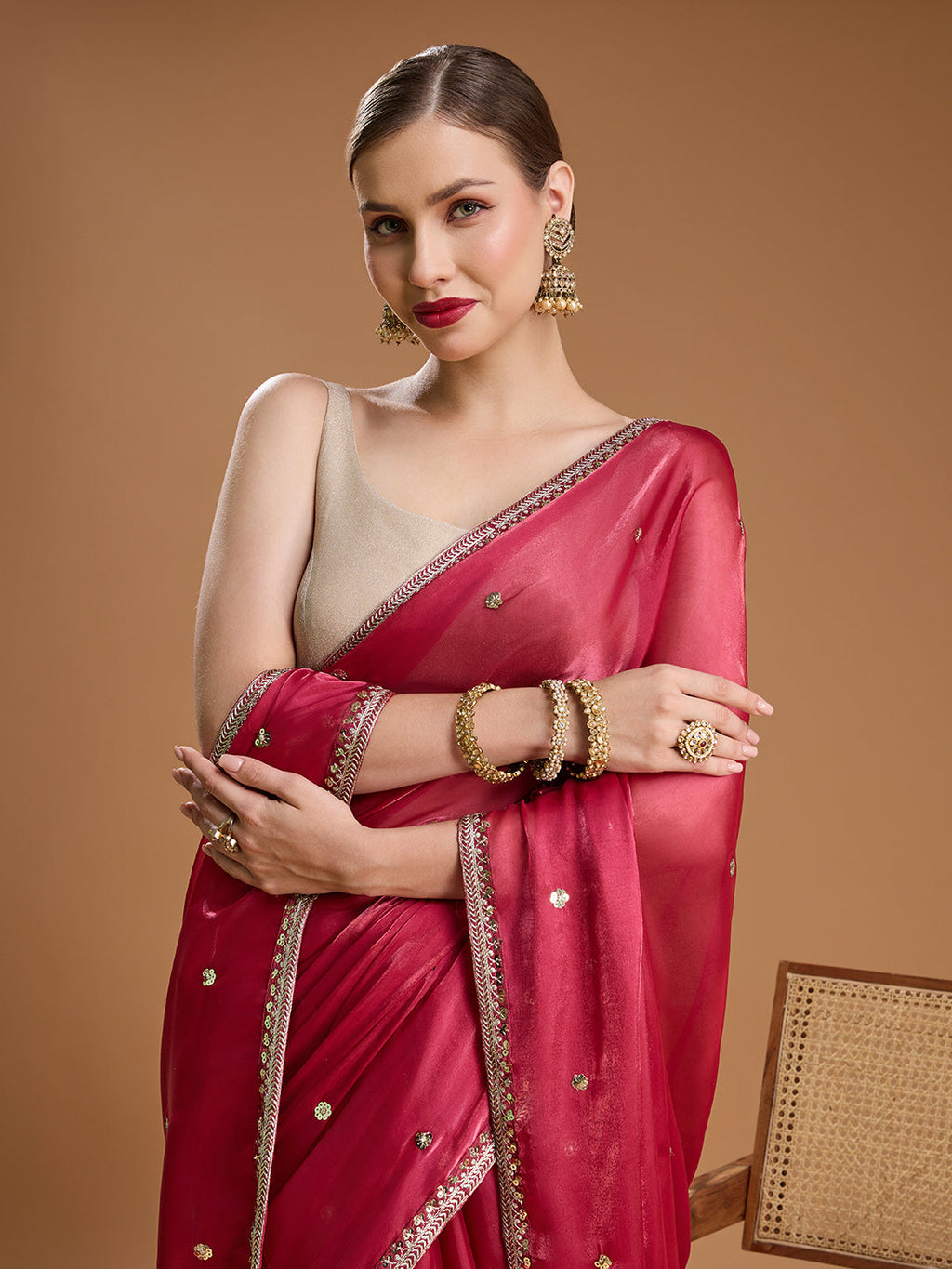 Jyoti Fashion Women's Gajri Red Jimmy Choo Sequins Embroidered Designer Saree with Blouse
