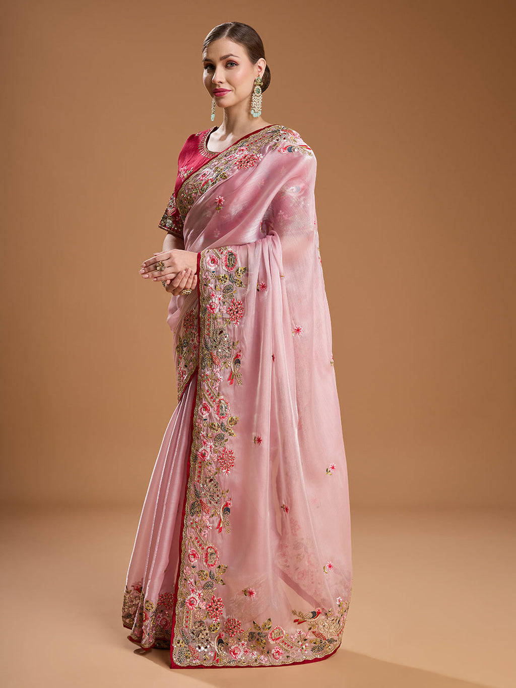 Jyoti Fashion Women's Baby Pink Jimmy Choo Sequins Coding Embroidered Designer Saree with Blouse