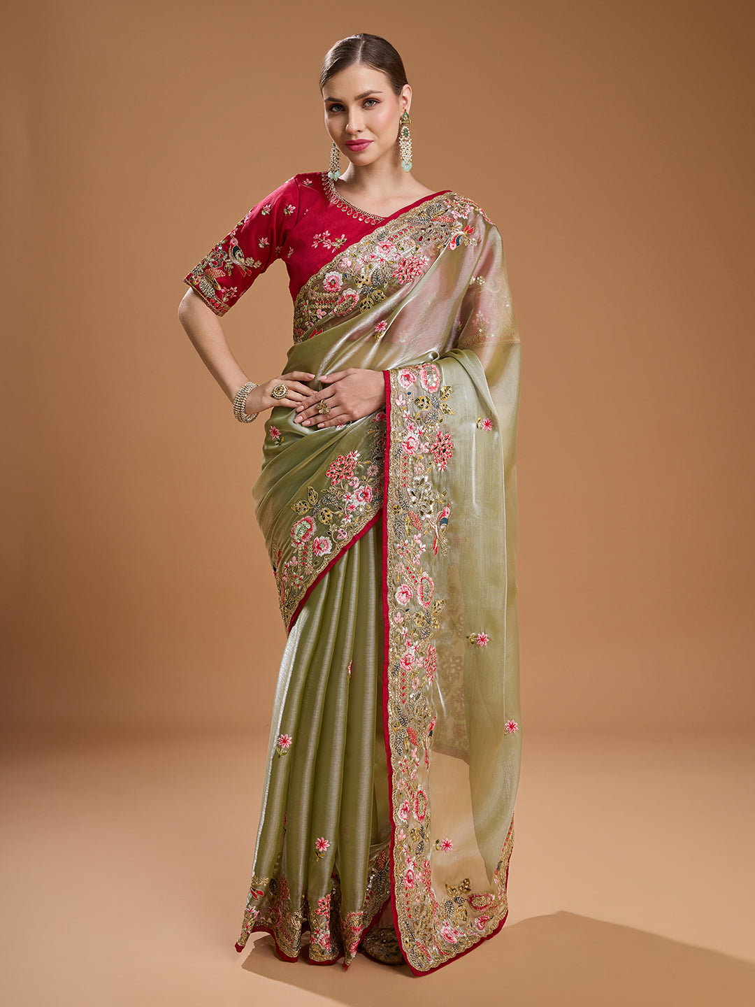 Jyoti Fashion Women's Sea Green Jimmy Choo Sequins Coding Embroidered Designer Saree with Blouse