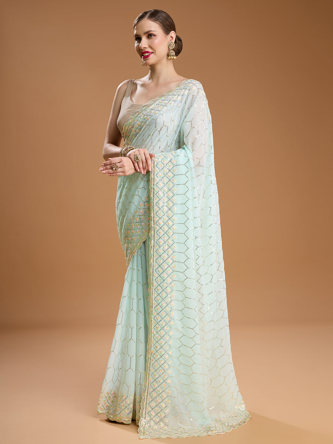 Jyoti Fashion Women's Sky Blue Georgette Sequins Embroidered Designer Saree with Blouse