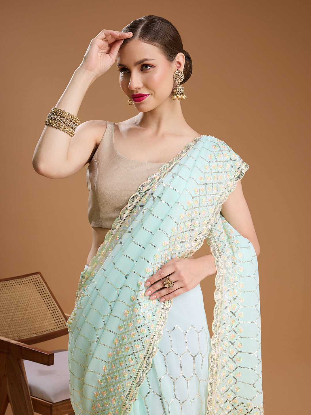 Jyoti Fashion Women's Sky Blue Georgette Sequins Embroidered Designer Saree with Blouse