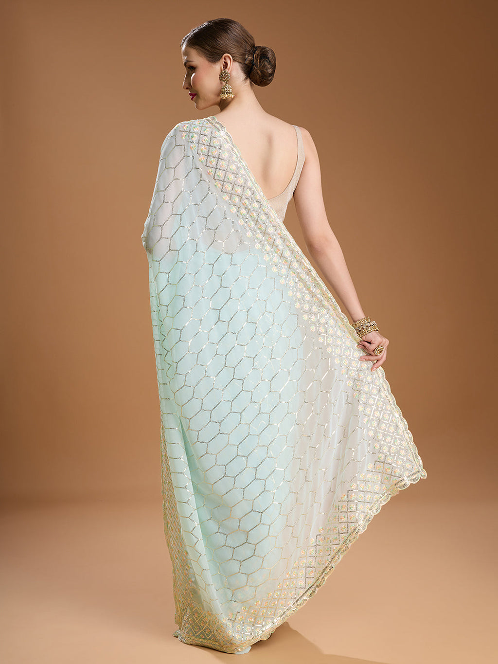 Jyoti Fashion Women's Sky Blue Georgette Sequins Embroidered Designer Saree with Blouse